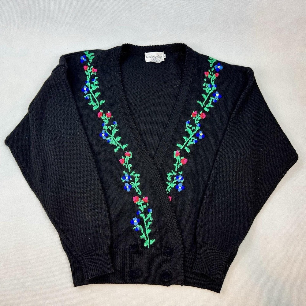Breckenridge Vintage Black Floral Embroidered Wool Blend Cardigan Sweater Mens M - Picture 1 of 8